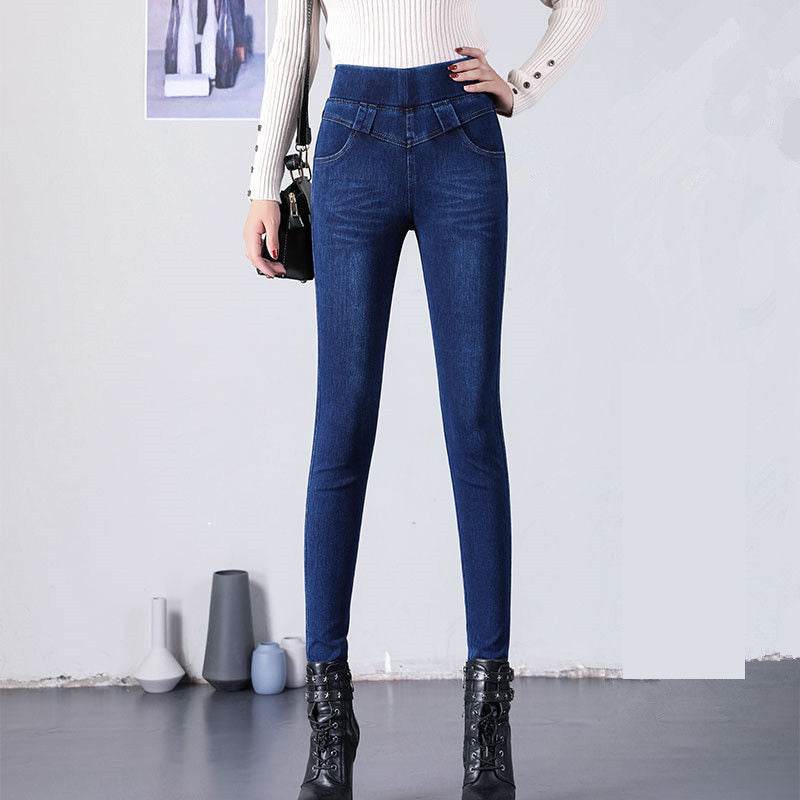 Thermal Fleece Denim Jeggings High-waisted High Stretch Women Skinny Jeans - Mubimart