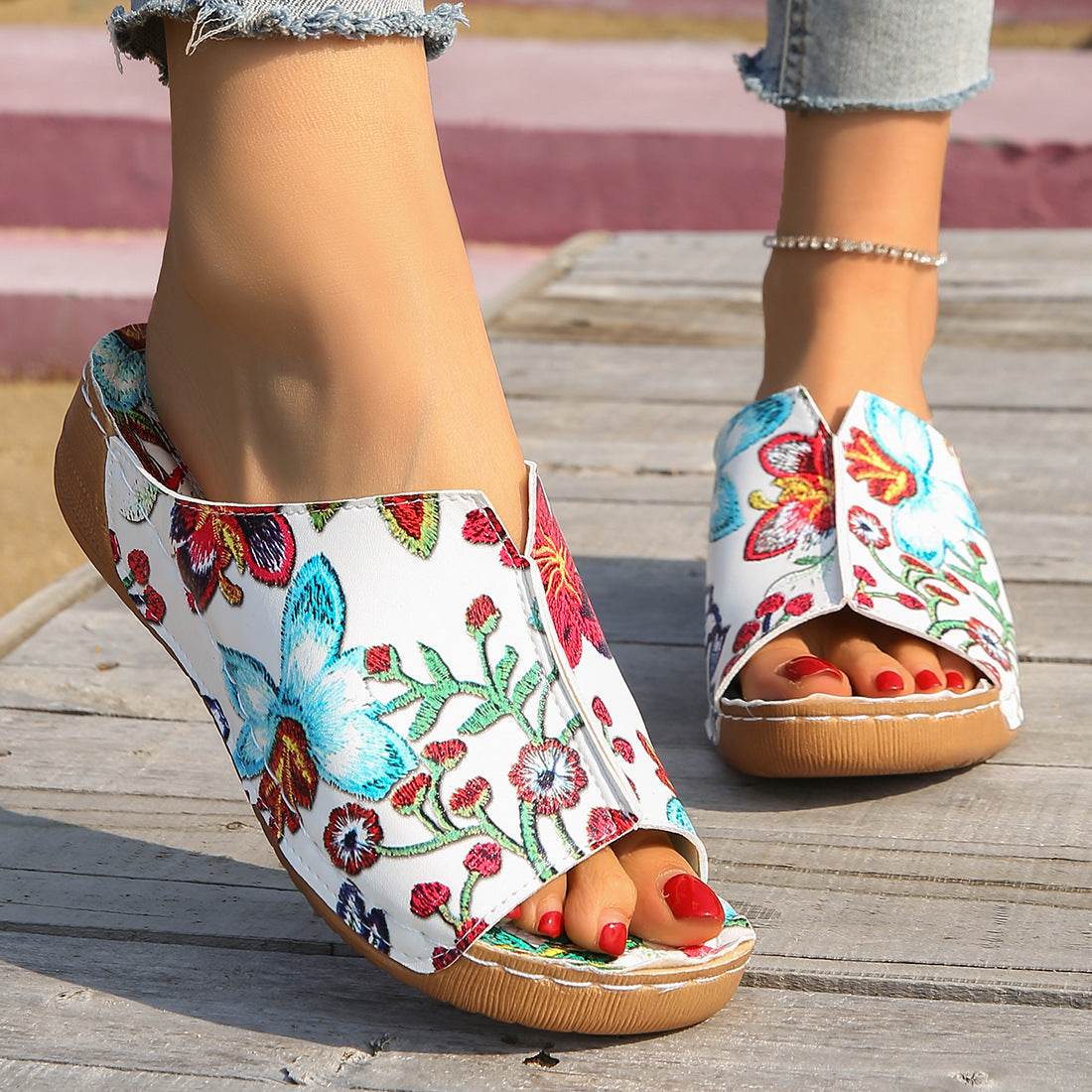 Peep Toe Wedge Fashion Simple Slip-on Fashion Sandal Slippers - Mubimart
