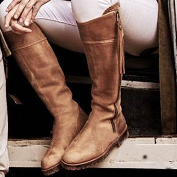 Tall metal embellished low square heel boots - Mubimart