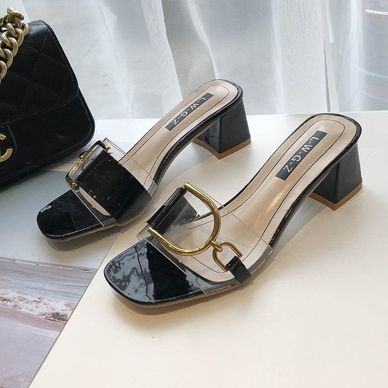 Thick Heel High Heel Slippers Women Flip Flops Women Transparent Slippers - Mubimart
