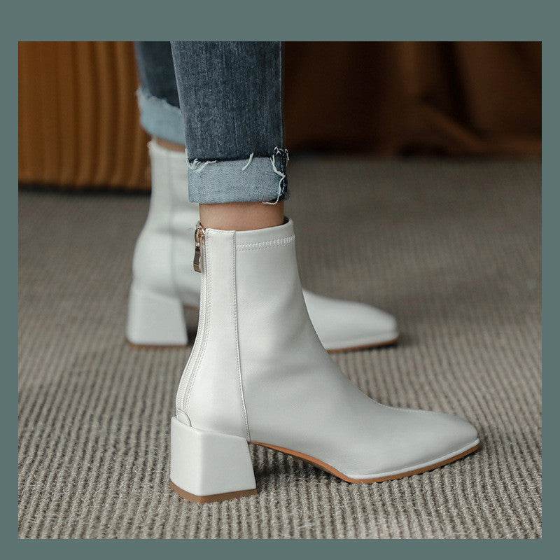 Elastic Mid-heel Block-heel Square Toe Martin Boots - Mubimart
