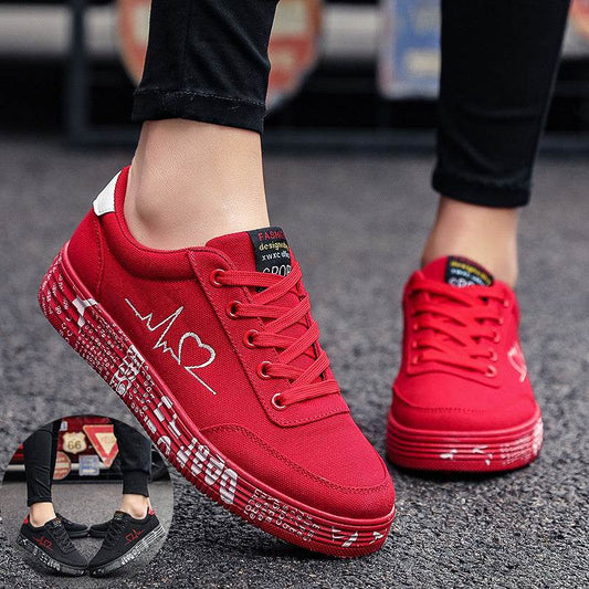 Love Print Canvas Shoes Women Men Flats Lace-up Casual Shoes Lover Sports Shoes Valentines Day - Mubimart