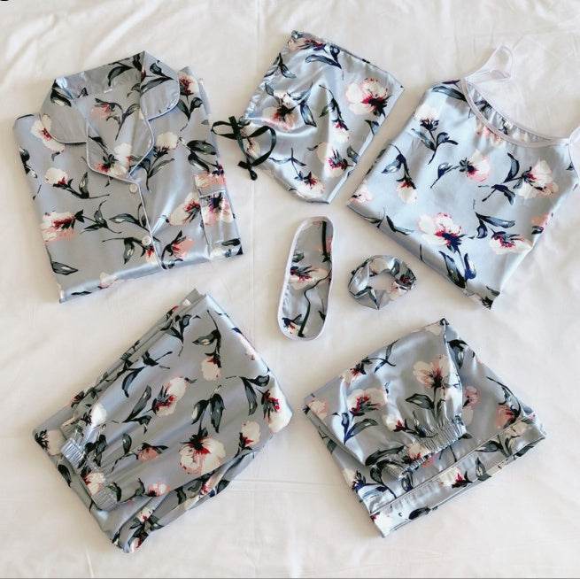 Simulated Silk Striped Seven-piece Loungewear - Mubimart