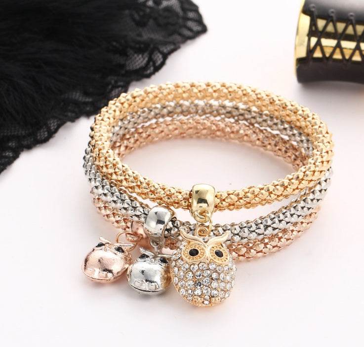 3 Pieces Set Crystal Bead Bracelet for Women Decorated with Crystal Owl Charm - Mubimart