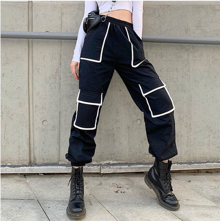 White Stripe Cargo Pants Women Trousers Pockets Patchwork Contrast Color High Waist Pants Hip Hop Capris - Mubimart