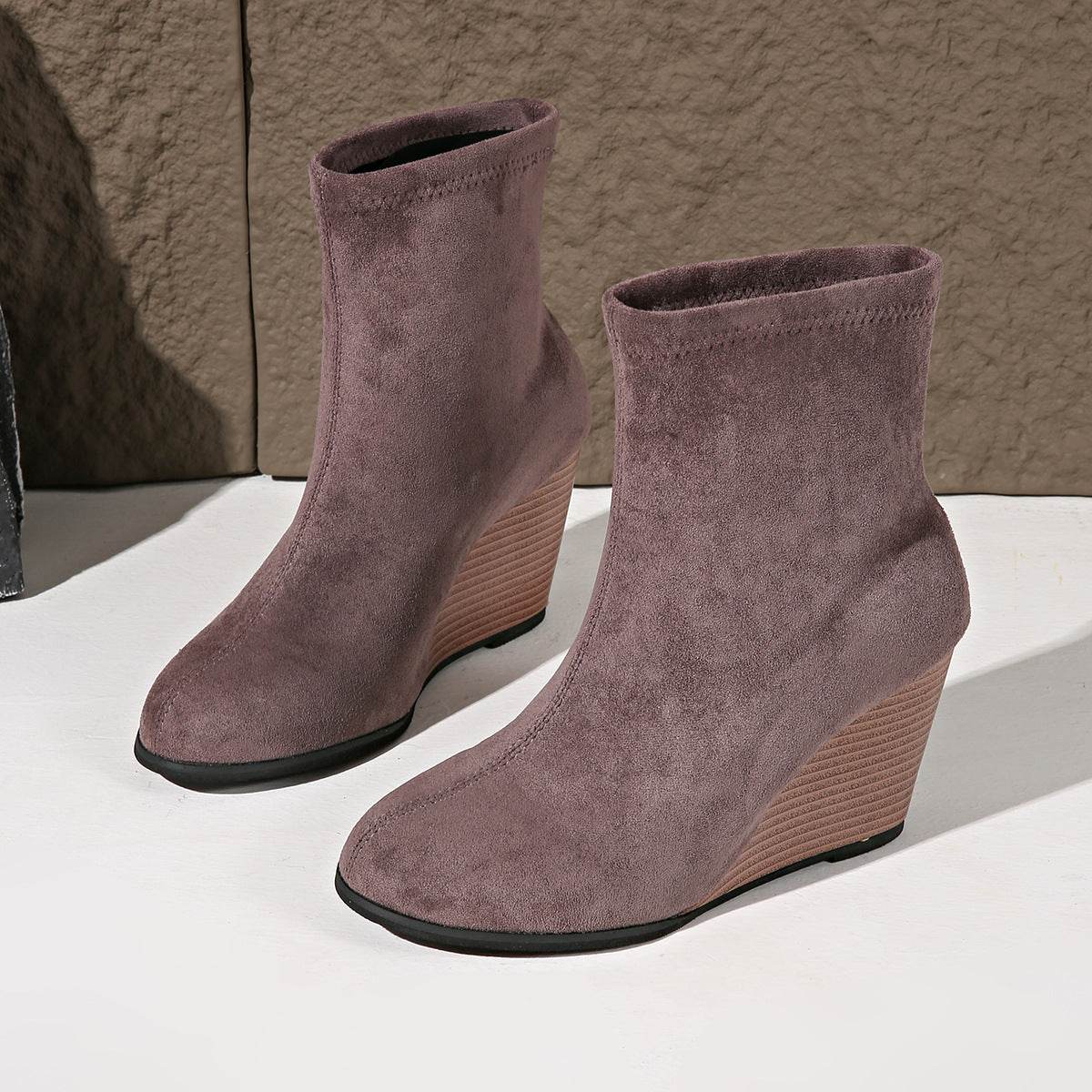 Fashion Thick-soled Wedges Boots Winter Suede Height-increasing Shoes Warm Solid Ankle Boot - Mubimart