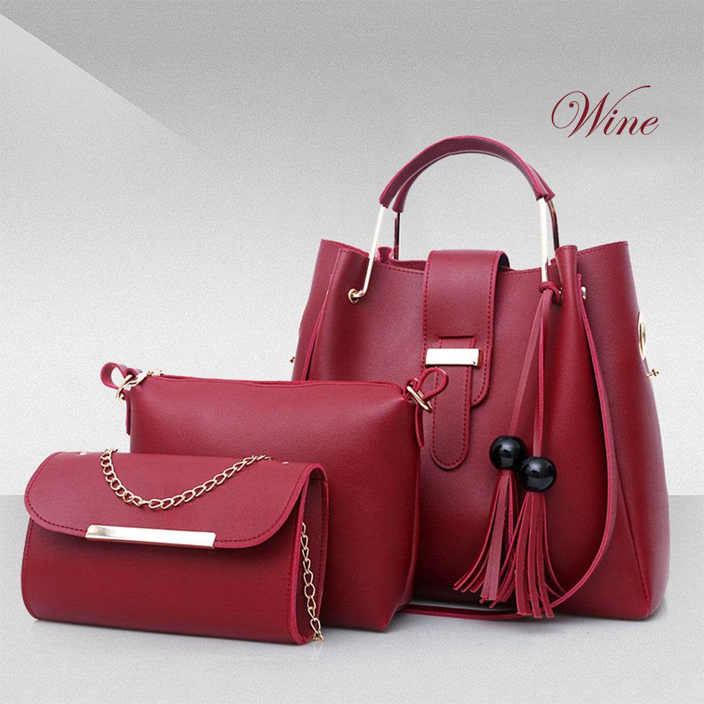Women 3Pcs Or Set Handbags PU Leather Shoulder Bags Casual Tote Bag Tassel Metal Handle Designer Composite Bags - Mubimart