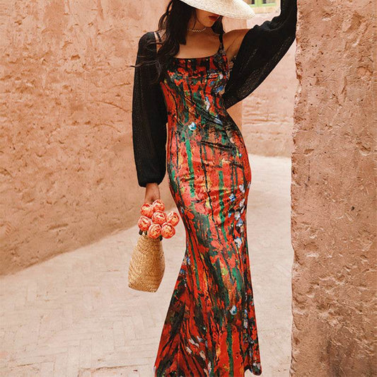 Vintage Ladies Velvet Print Slip Dress - Mubimart