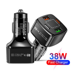 38W Multi-port Mobile Phone Charger 2USB PD Type-c Fast Charge QC30 Car Charger Type-c Cigarette Lighter 20W - Mubimart - Car charger 