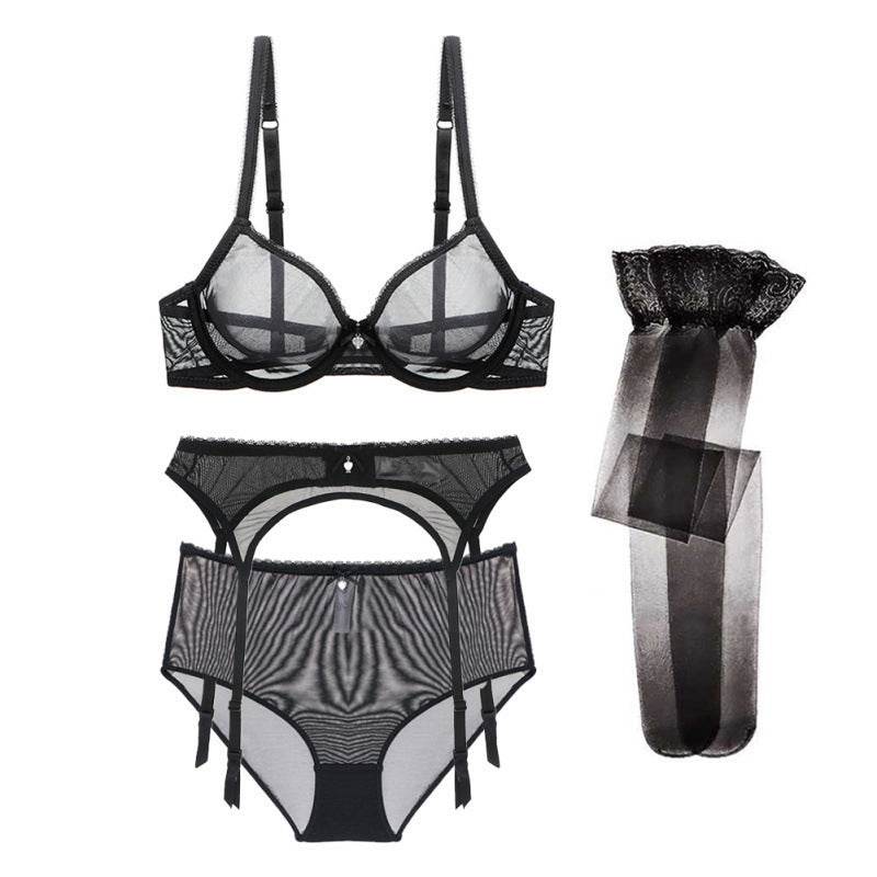 Lace Garter Belt Bra Stocking Set - Mubimart