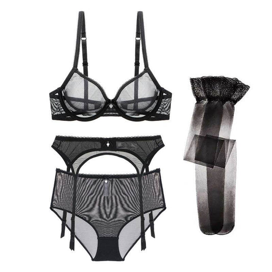 Lace Garter Belt Bra Stocking Set - Mubimart