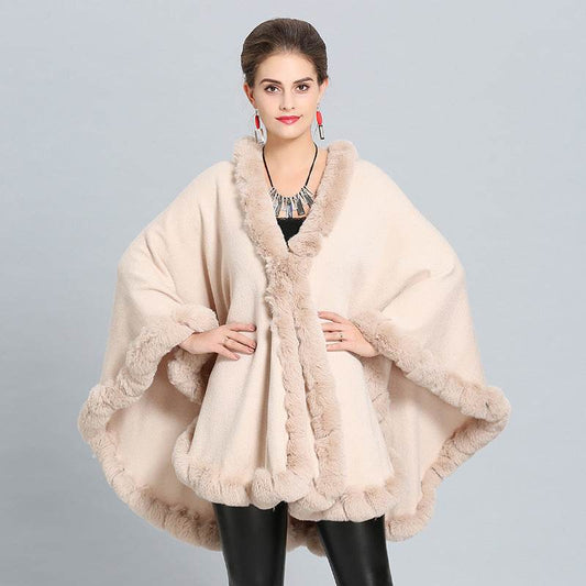 New Large Size Faux Fox Fur Collar Knitted Shawl - Mubimart