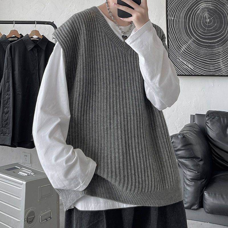Men's V-neck Sweater Plus Size Vest Knitted Autumn And Winter College Style Waistcoat Vest Coat - Mubimart