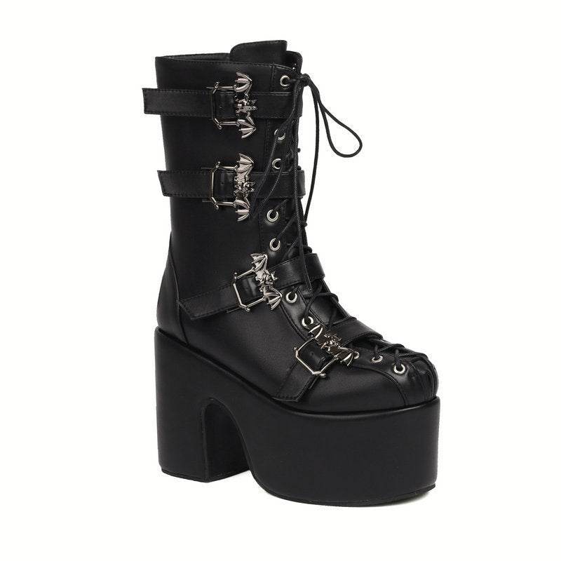 Hot Girl Punk Platform Martin Boots Women's Round Head Gothic Muffin Bottom Tall Knight Boots - Mubimart
