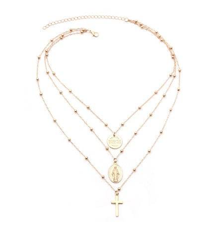 Layer Beads Chain Long Choker Necklace Women Sexy Fashion Gold Silver Color Round Cross Necklaces & Pendants Bijoux - Mubimart