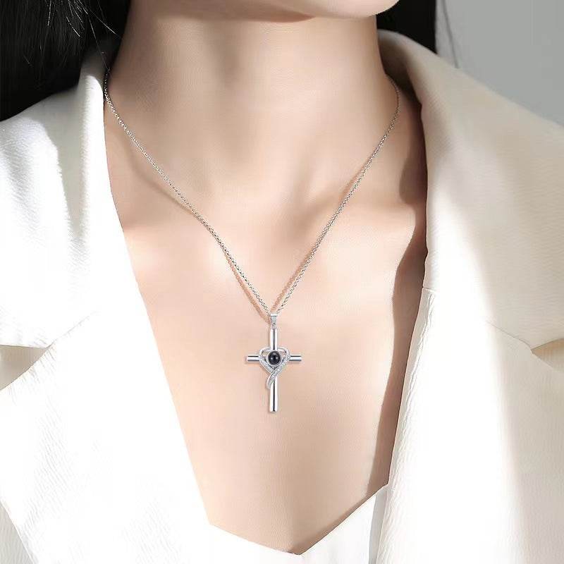Languages I Love You Projection Necklace Pendant Love Cross Pendant Necklace Memorial Jewelry For Women - Mubimart