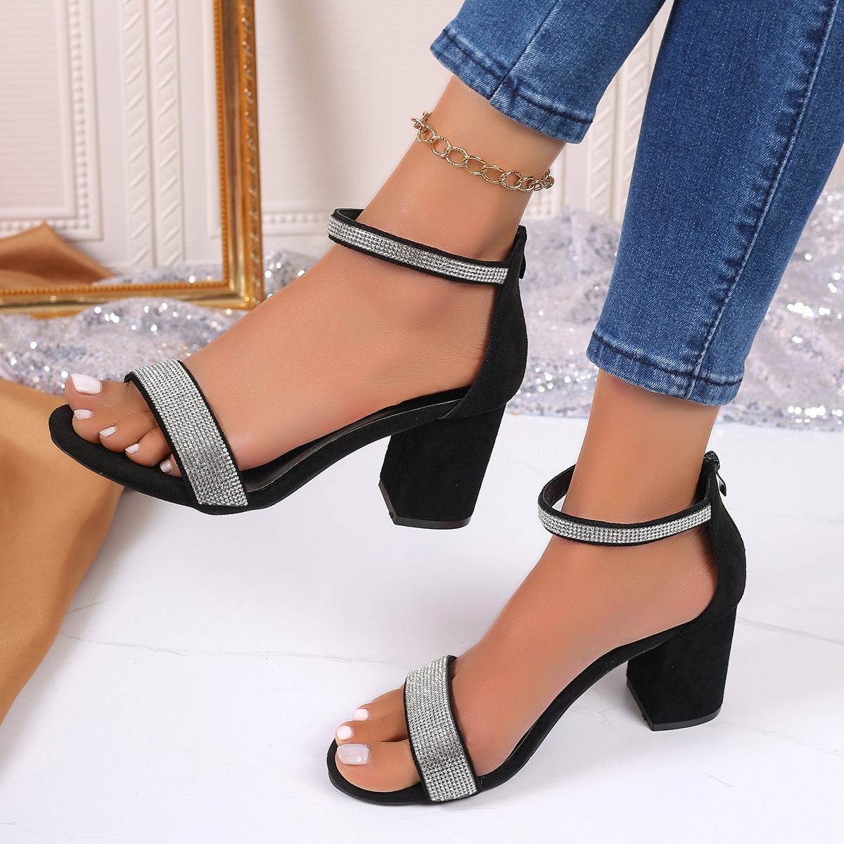 Rhinestone High Heel Sandals Summer Chunky Square Heel Sandals Open Toe Strappy Shoes - Mubimart