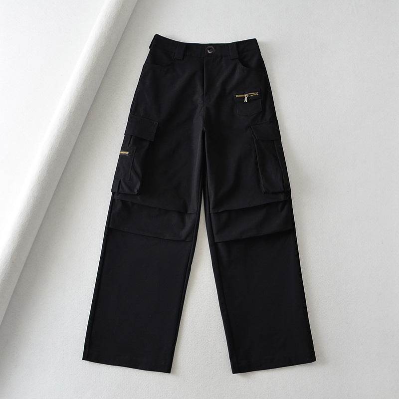 Retro High Waist Multi-pocket Cargo Pants Women - Mubimart