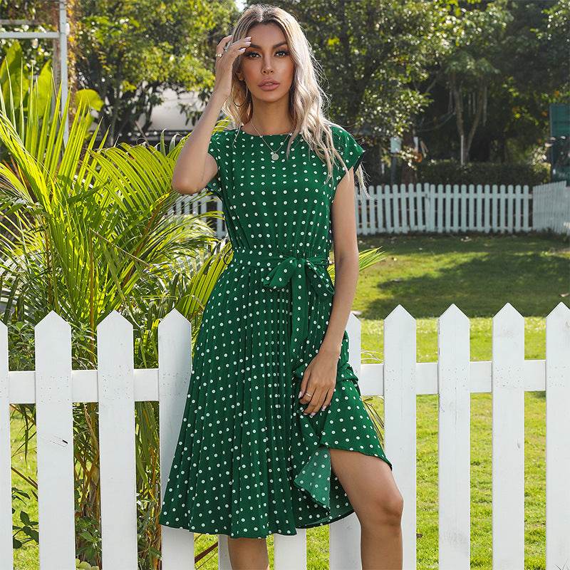 Summer Women Polka Dot Short Sleeve Dress Casual Bandage Party Pleated Midi Dresses Elegant Green Office Lady Clothing - Mubimart
