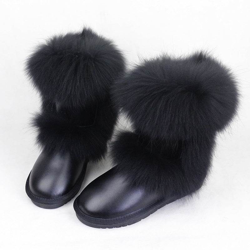 Women's Winter Mid-calf Fox Fur Snow Boots - Mubimart