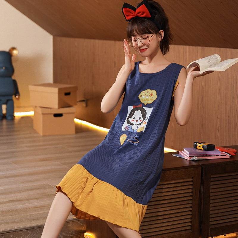 Women's Fashion Simple Cotton Halter Top Pajama Skirt - Mubimart