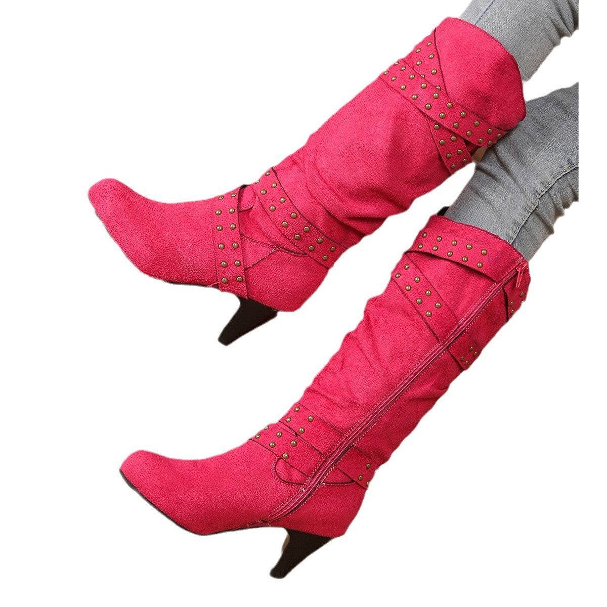 Fashion High Heel Boots With Cross-strap Rivet Design Retro V-cut Western Cowboy Boot Casual Zipper Shoes For Women - Mubimart