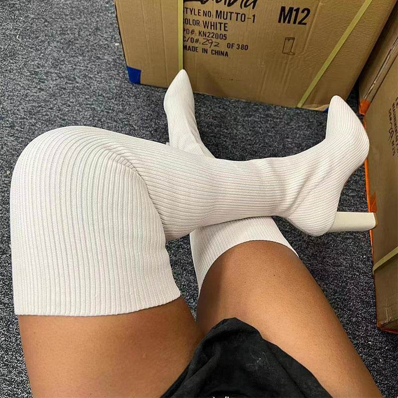 Over Knee Long Boots Pointed Toe High Heel Stretch Knitting Shoes Women Winter Boot - Mubimart