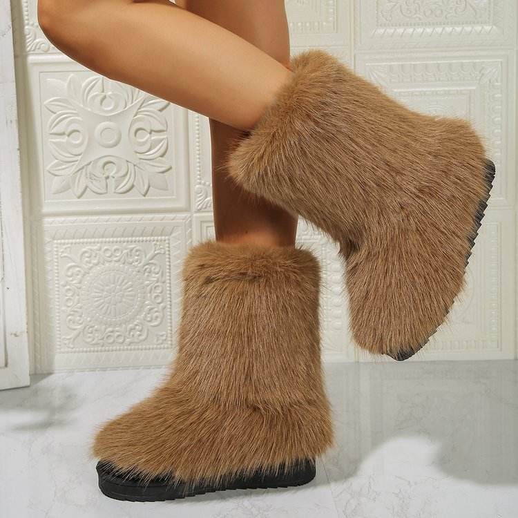 Fashion Long Plush Snow Boots Winter Warm Mid-tube Furry Cotton Shoes For Women Short Boot - Mubimart