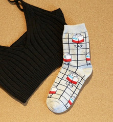 Milk Grid Crew Socks - Mubimart -  