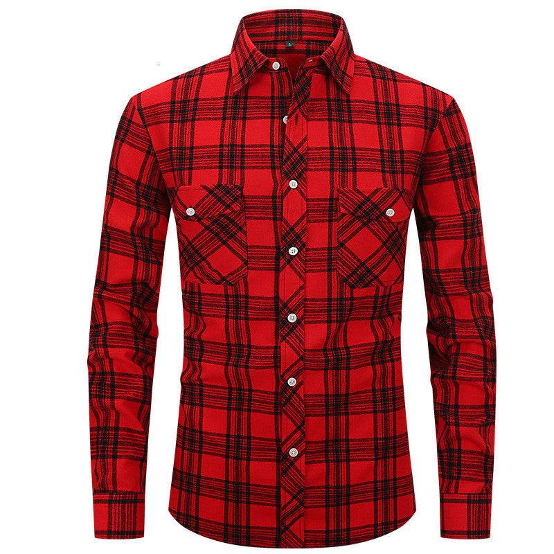 Men's Long Sleeve Double Pocket Flannel Shirt With Brushed Plaid - Mubimart