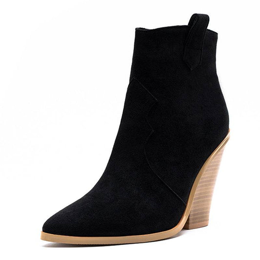 Block heel high heel pointed toe boots - Mubimart