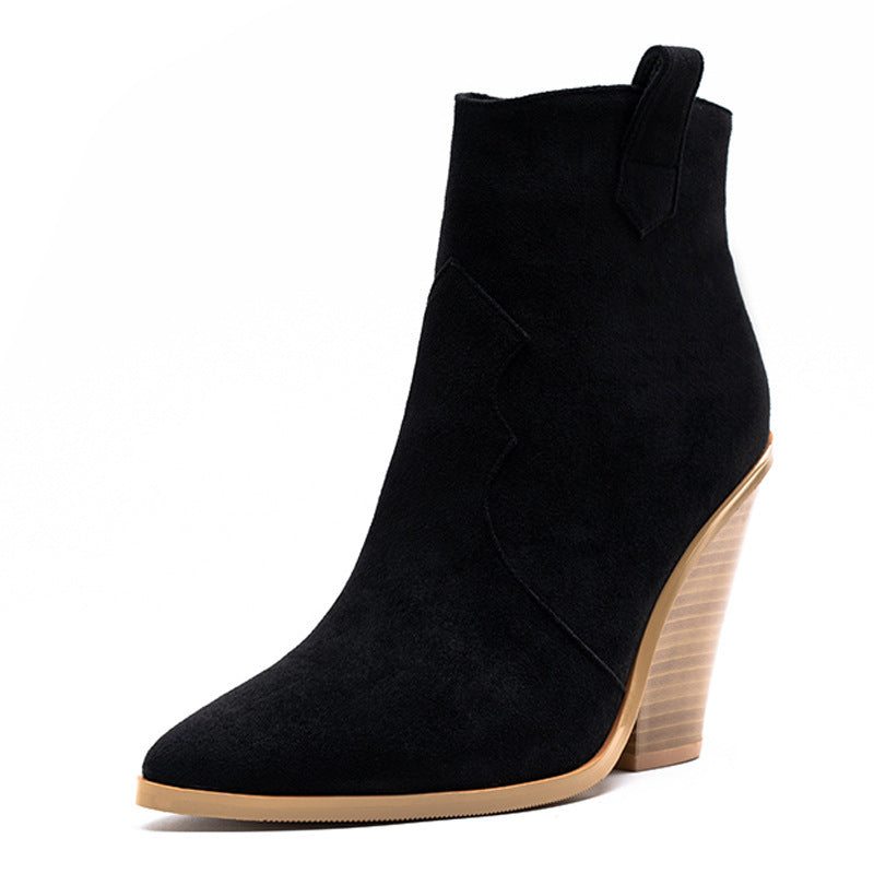 Block heel high heel pointed toe boots