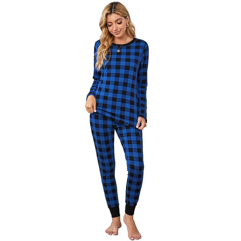 Christmas Long-sleeved Trousers Loungewear Suit Plaid Contrast Color Home Pajamas For Women - Mubimart