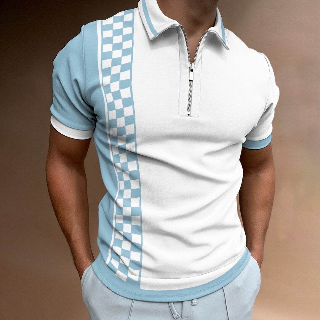 Check Texture Polo Shirt Men's Polo Shirt National Stitching Color Print - Mubimart