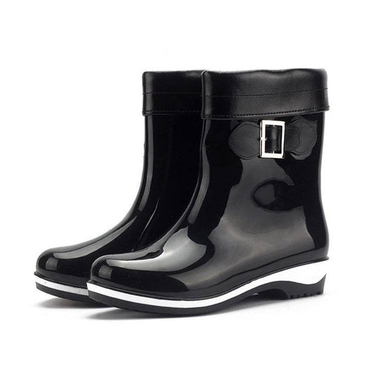 Warm And Velvet Rain Boots Mid-tube Flat Rain Boots - Mubimart