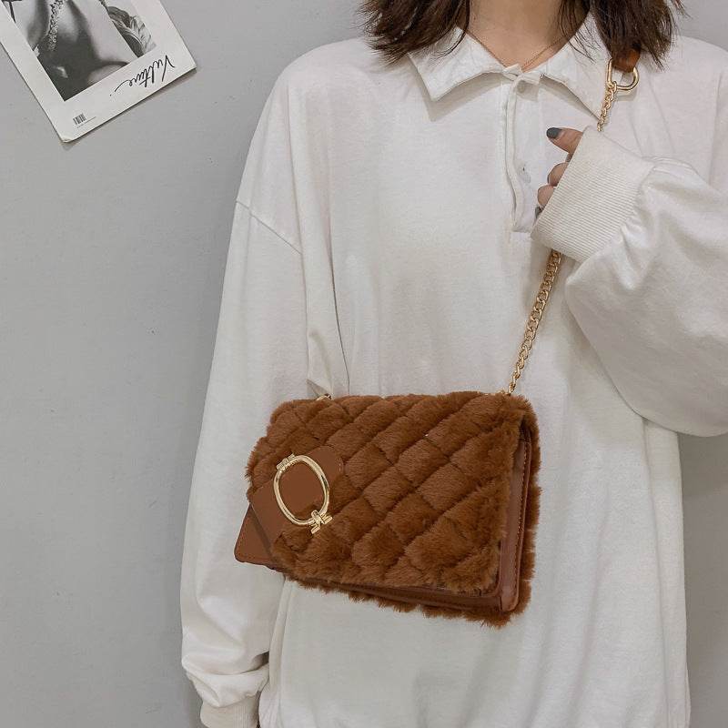 Soft Plush Ladies Square Messenger Bag Winter Female Bag Lady Designer Handbag Chain Shoulder Messenger Bag - Mubimart