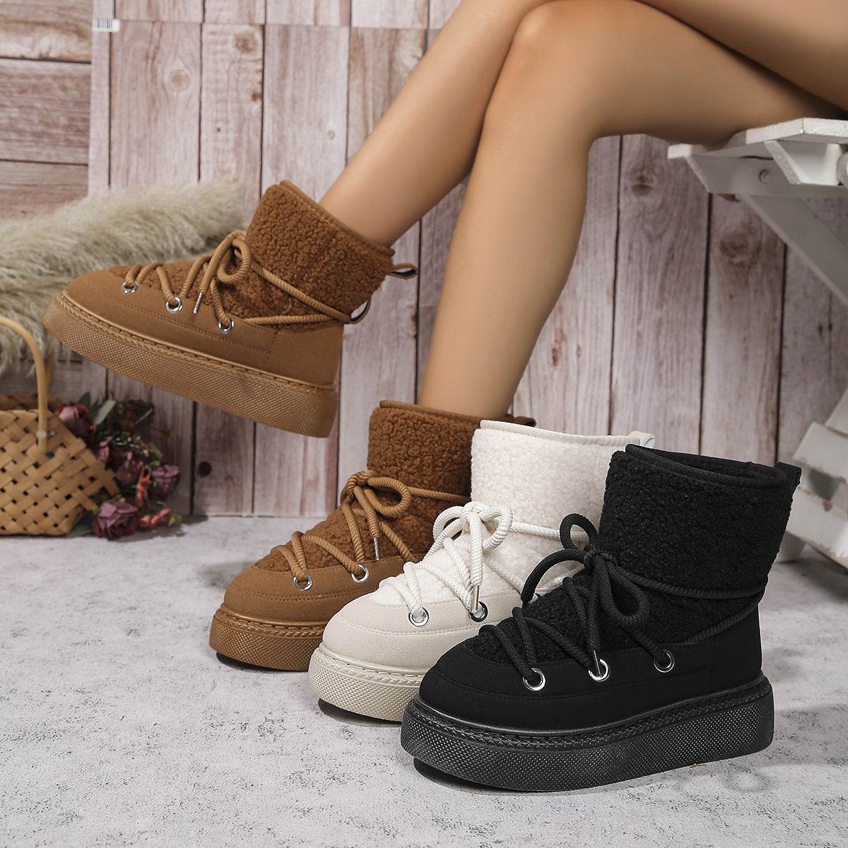 Fashion Lace-up Snow Boots Winter Flat Thick-soled Height-enhancing Cotton Shoes For Women Casual Warm Short Boot - Mubimart