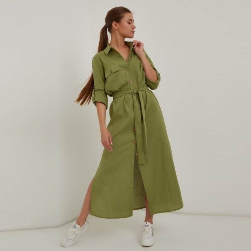 Women's Plus Size Loose Green Casual Waist Tight Dress - Mubimart