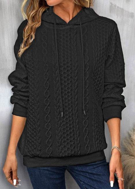 Plus Size Casual Jacquard Hooded Lace-up Long Sleeve Sweatshirt - Mubimart