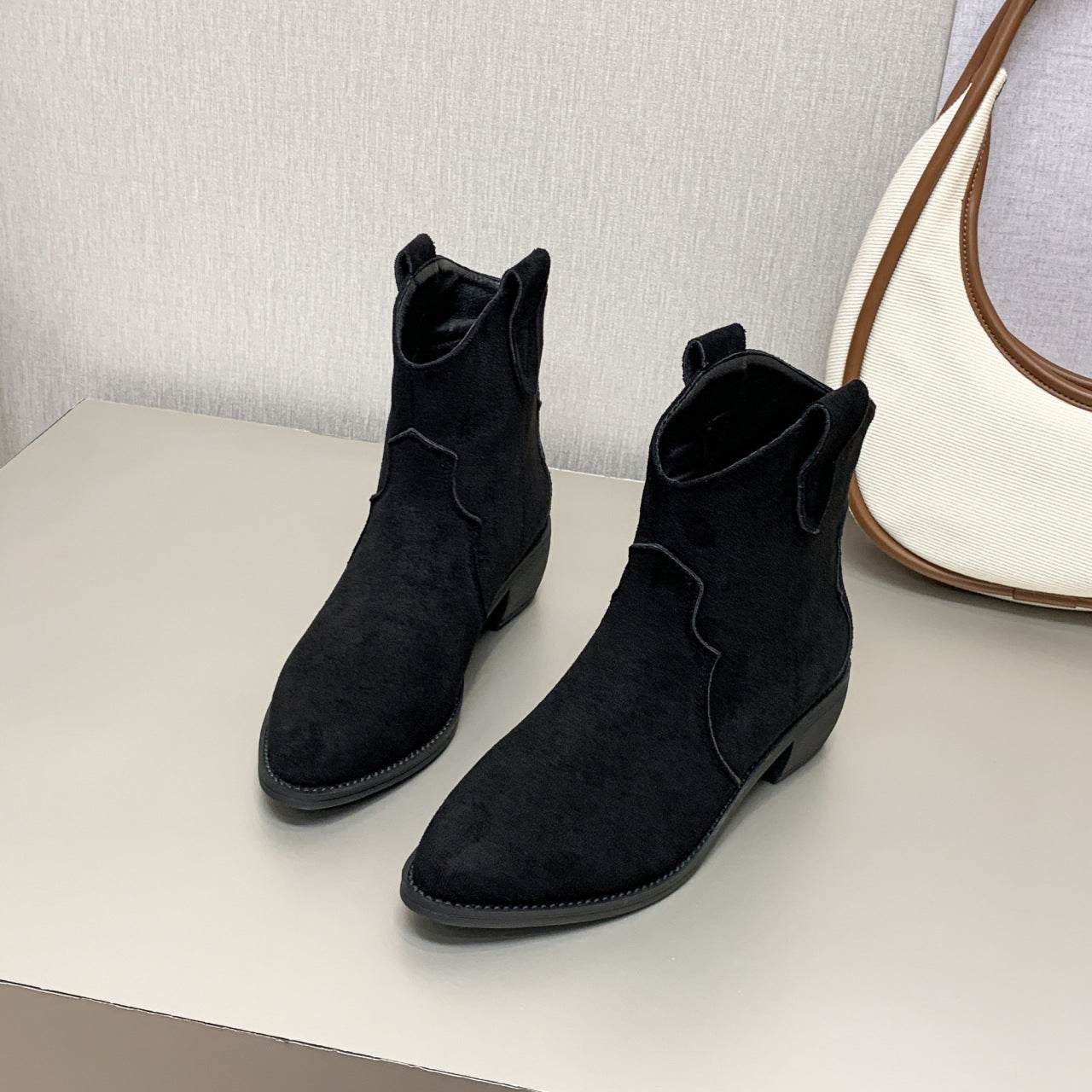 Cowboy Boot Short Plush Autumn Pointed-toe Short Boots - Mubimart