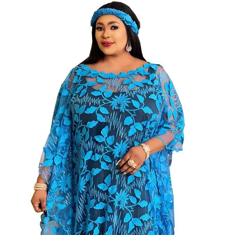 Lace Embroidery Loose Plus Size Robe Including Headscarf Dress - Mubimart