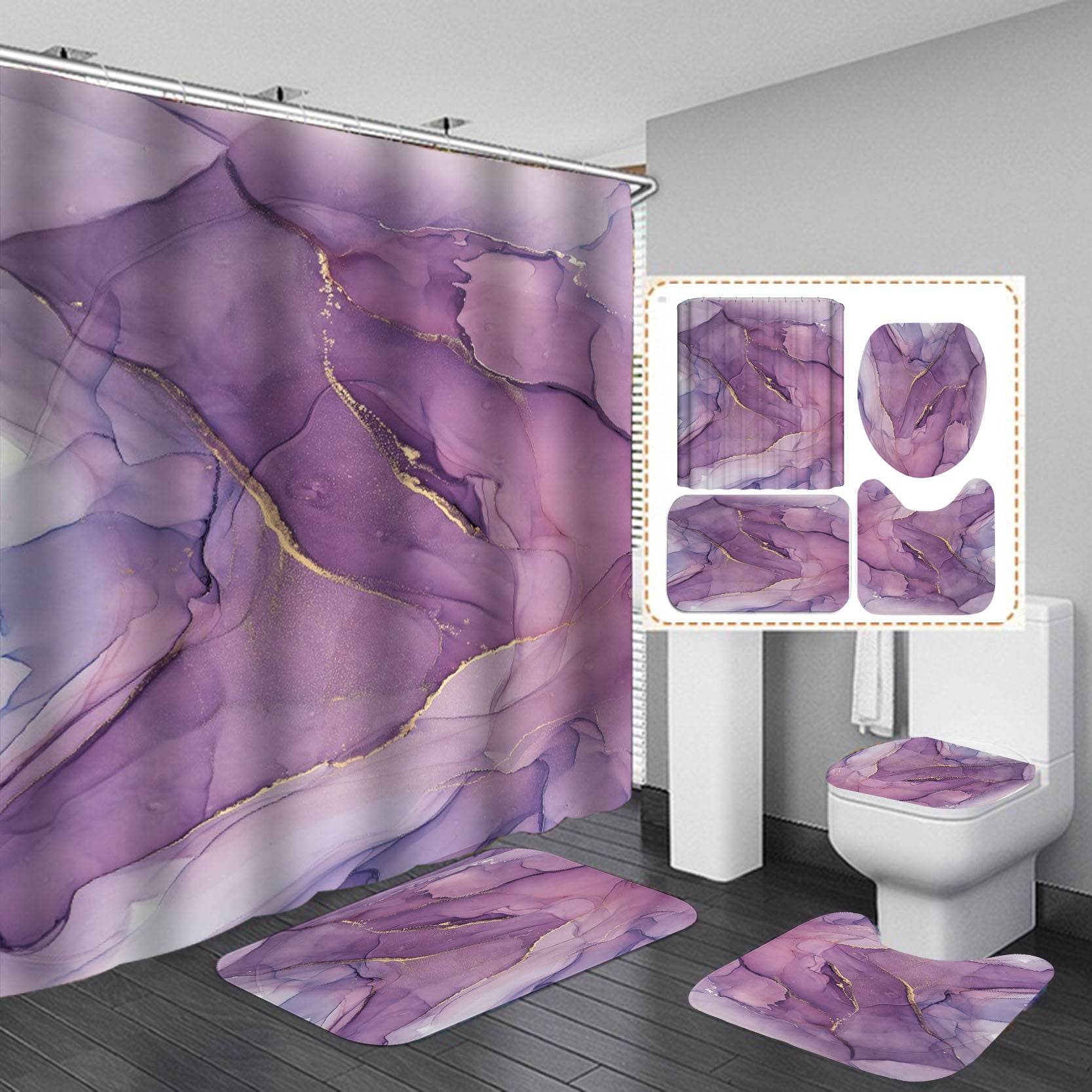 3D Art Geometric Shower Curtains in the Bathroom Waterproof Bath Curtain with Hook Sets Flannel Bath Mat Rugs Carpet Home Decor - Mubimart
