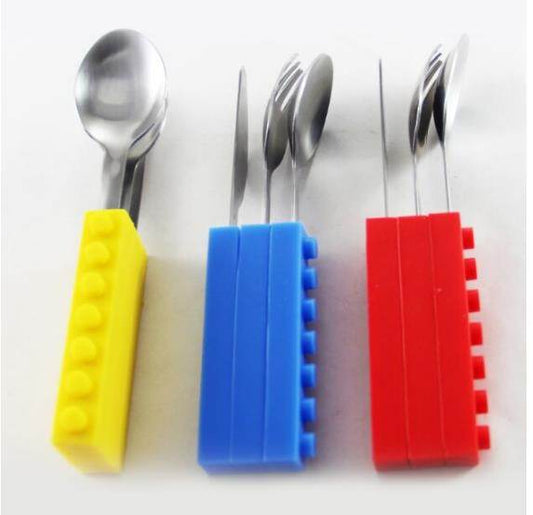 3PCS Creative Bricks Silicone Stainless Steel Portable Travel Kids Cutlery Fork Picnic Set Gift For CHild Dinnerware - Mubimart