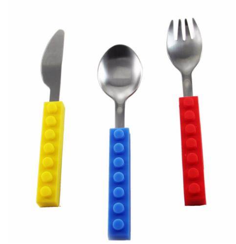 3PCS Creative Bricks Silicone Stainless Steel Portable Travel Kids Cutlery Fork Picnic Set Gift For CHild Dinnerware - Mubimart