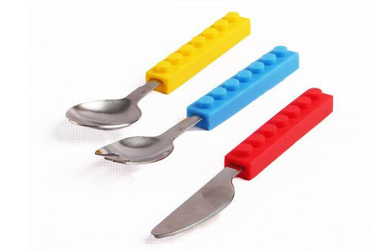 3PCS Creative Bricks Silicone Stainless Steel Portable Travel Kids Cutlery Fork Picnic Set Gift For CHild Dinnerware - Mubimart