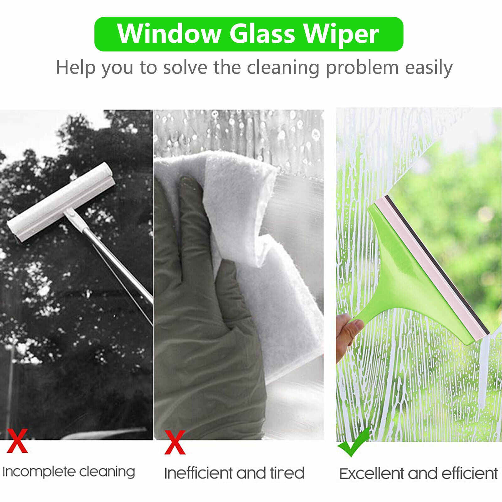 3X Glass Window Wiper Cleaner Squeegee Shower Screen Mirror Home Car Blade Brush Simple Green Car Glass Window Cleaner Wiper Cleaner Household Cleaning Brush Window Cleaning Tools - Mubimart -  