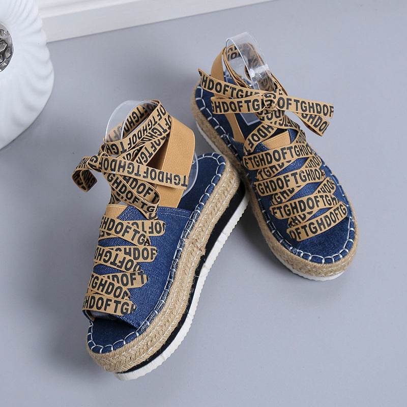 Women's Woven Thick Espadrille Lace-up Casual Shoes - Mubimart