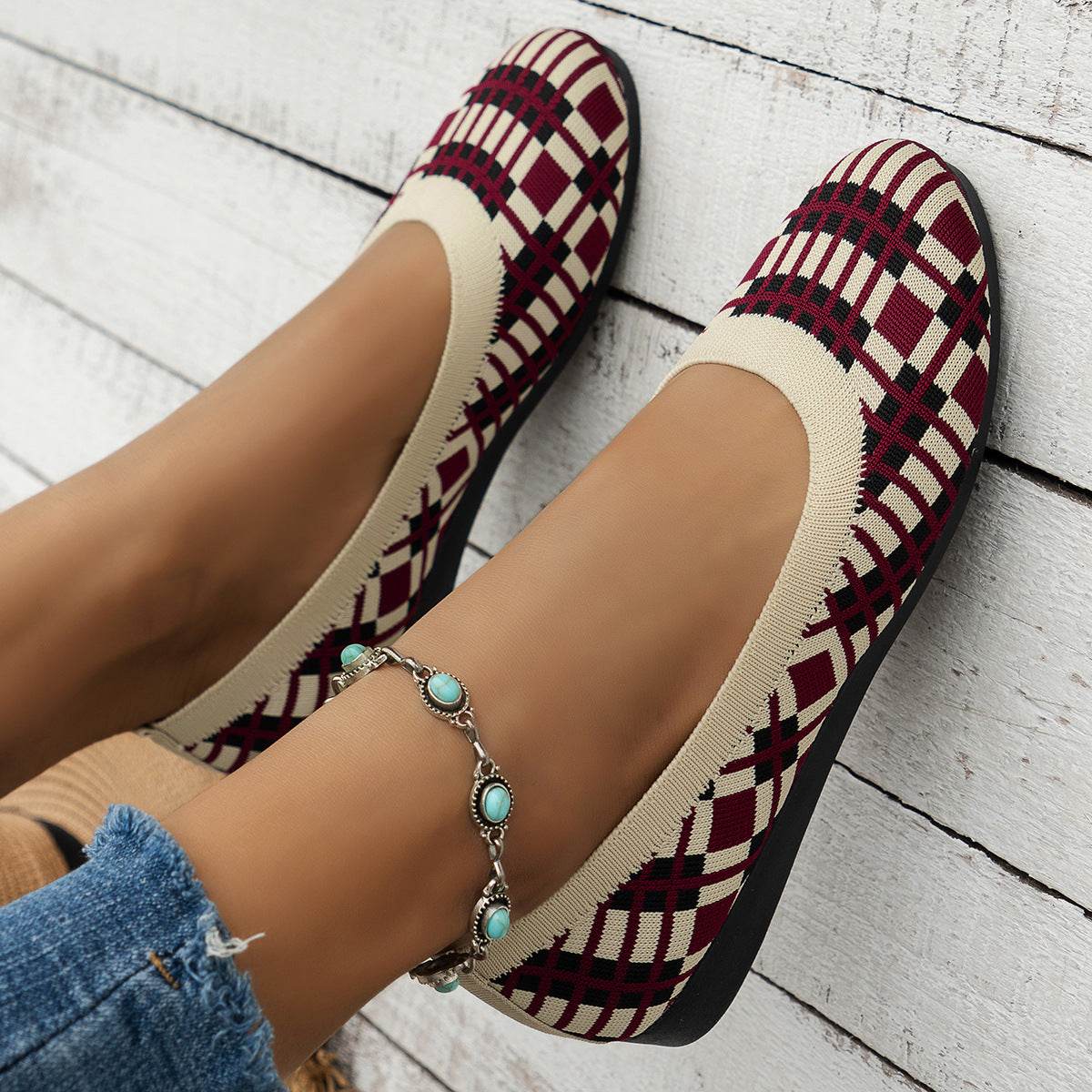 Fashion Plaid Print Flats Shoes New Fashion Casual Breathable Slip On Round-toe Mesh Shoes For Women - Mubimart