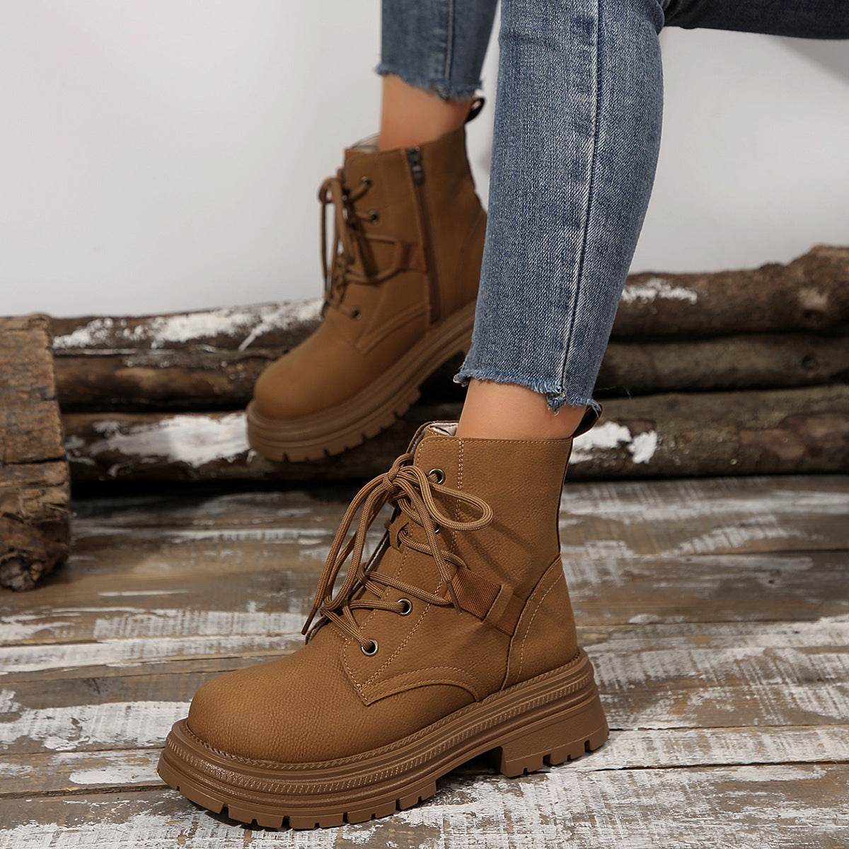Square-heeled Lace-up Boots For Women Fall Winter All-match Slim Shoes Fashion Ankle Boot - Mubimart