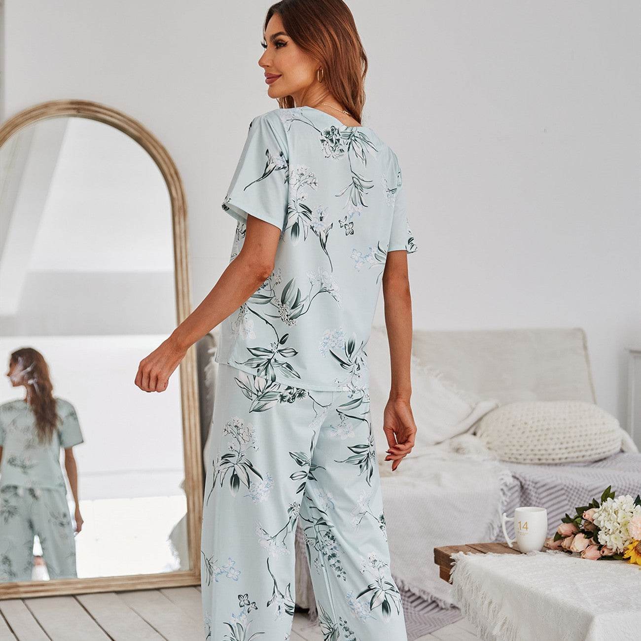 Pajamas Women's Floral Print Short Sleeve Loungewear - Mubimart